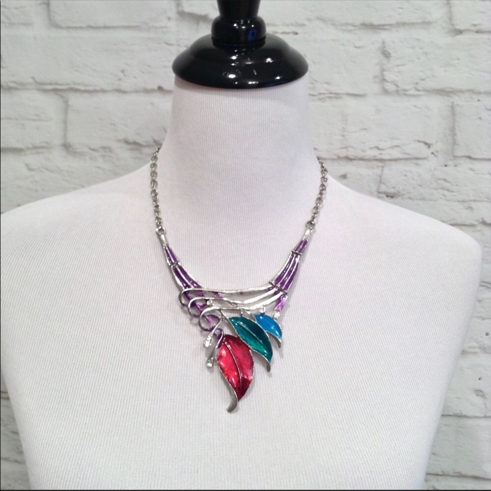 Three leaf silver and multi color statement necklace